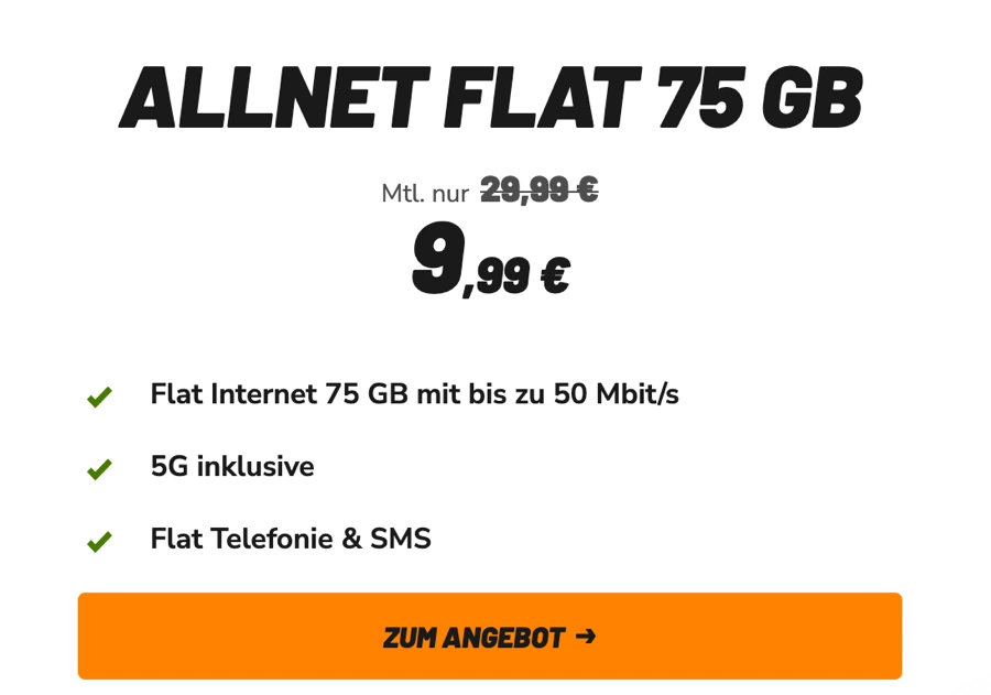 klarmobil 10 Euro Allnet-Flat 75 GB