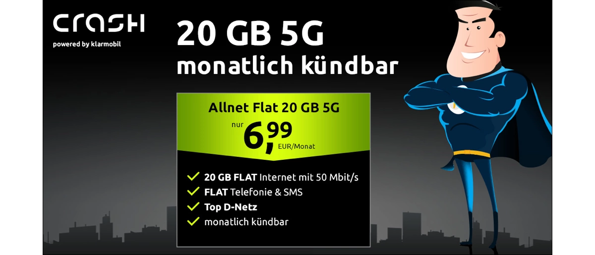20 GB Allnet-Flat im Vodafone-Netz für 6,99 € – monatlich kündbar & ohne Anschlusspreis crash tarif monatlich kündbar